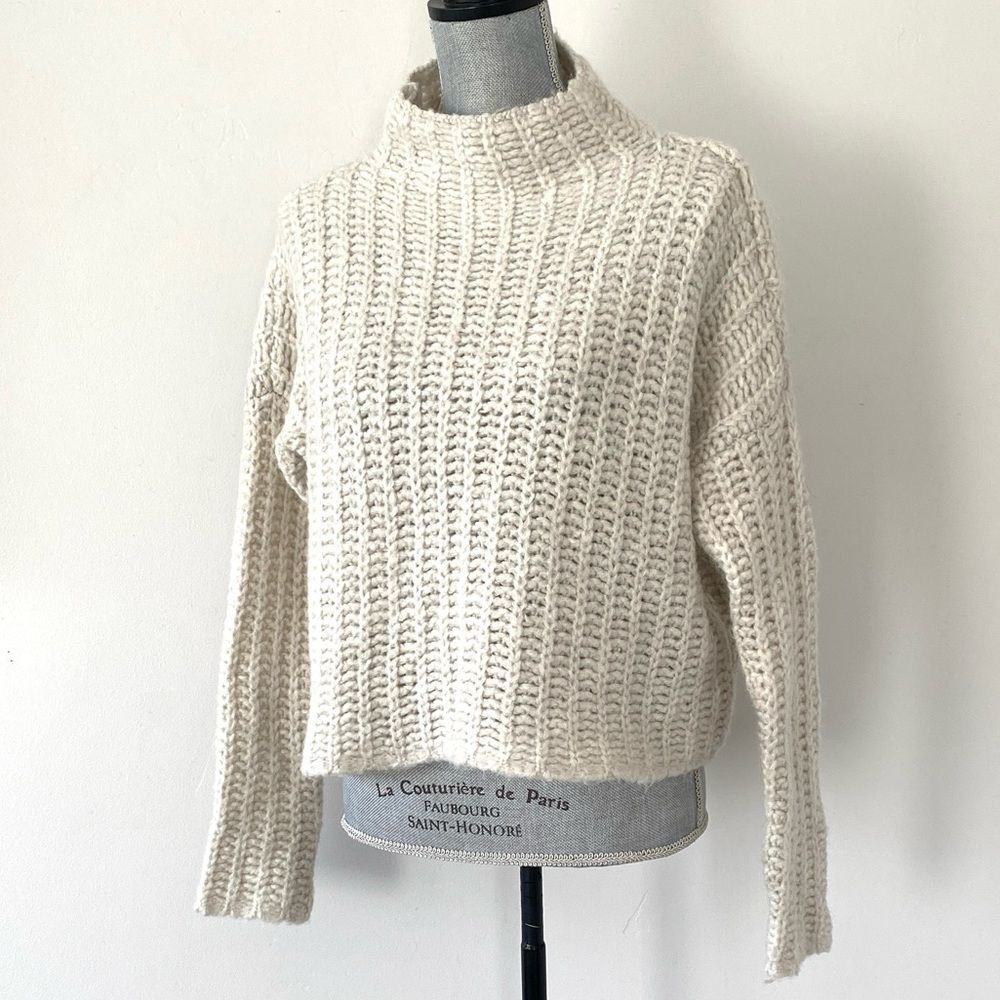 Aerie chunky knit mock neck cropped wool blend sweater sz S Fisherman Casual
